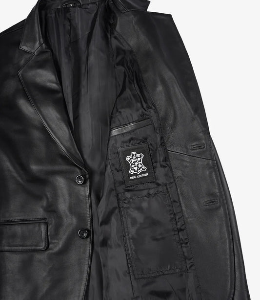 Mens Two Button Black Leather Blazer - Notch Lapel