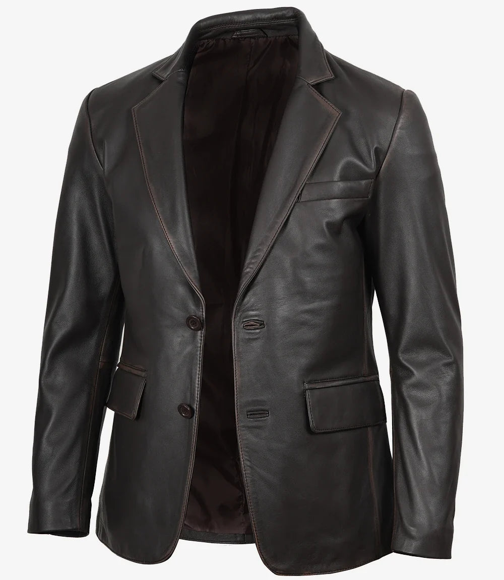Mens Notch Lapel Distressed Brown Leather Blazer - Two Button