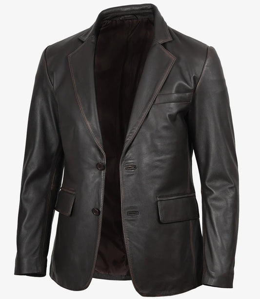 Mens Notch Lapel Distressed Brown Leather Blazer - Two Button