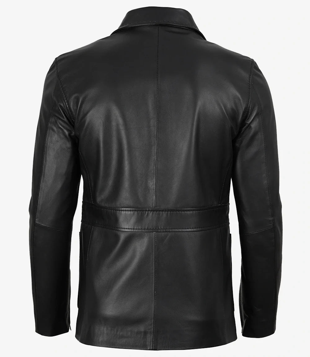 Mens Two Button Black Leather Blazer - Notch Lapel
