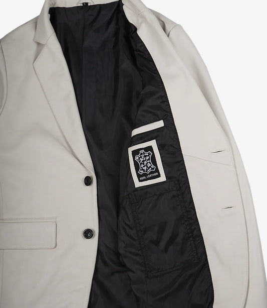 Men's Two Button Notch Lapel Off White Leather Blazer