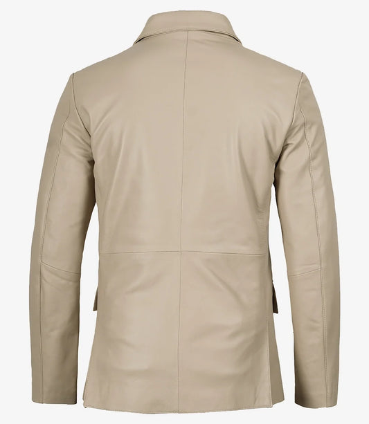 Mens Two Button Beige Leather Blazer - Notch Lapel
