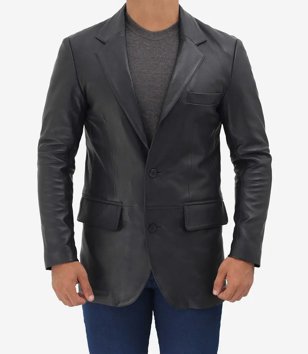 Mens Notch Lapel 2 Buttons Black Lambskin Leather Blazer