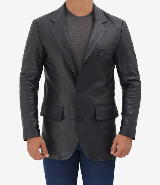 Mens Notch Lapel 2 Buttons Black Lambskin Leather Blazer