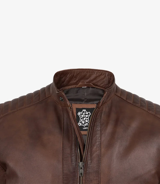 Men's Cognac Waxed Biker Style Jacket - Striped Sleeves
