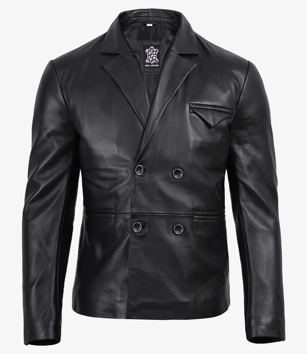 Men's Double Breasted Black Leather Blazer