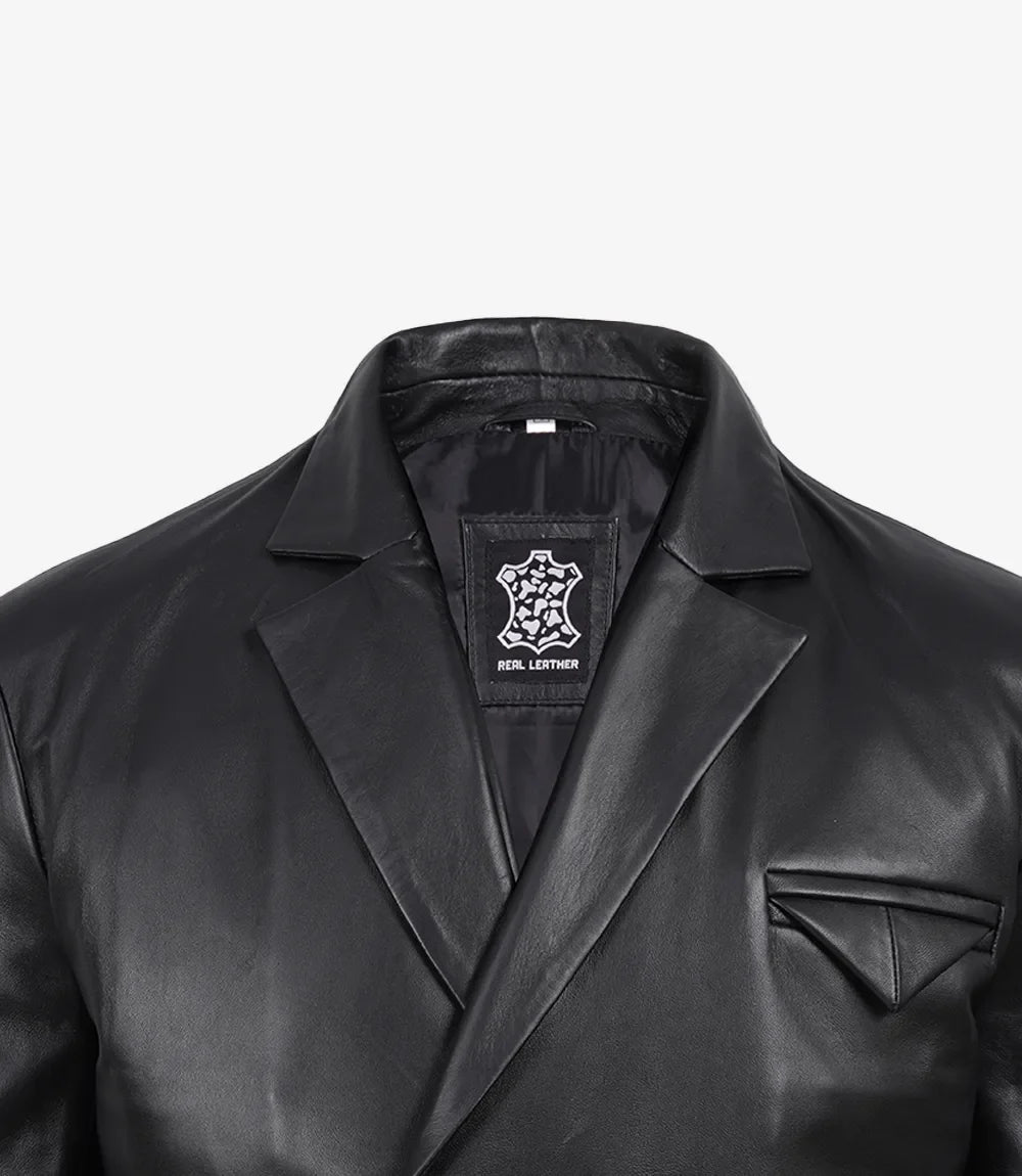 Men's Double Breasted Black Leather Blazer