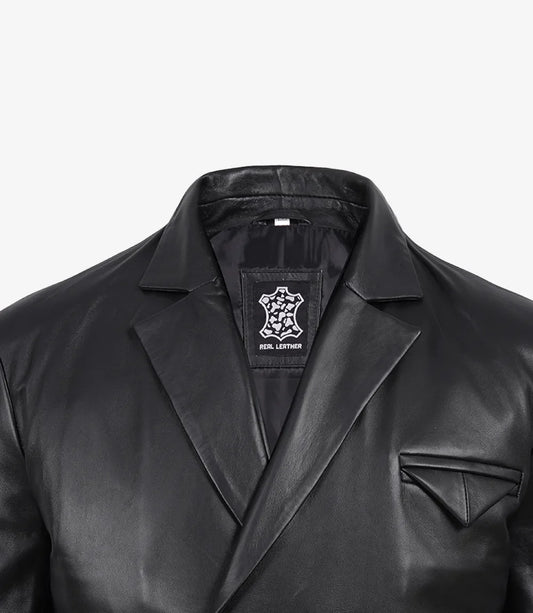 Men's Double Breasted Black Leather Blazer