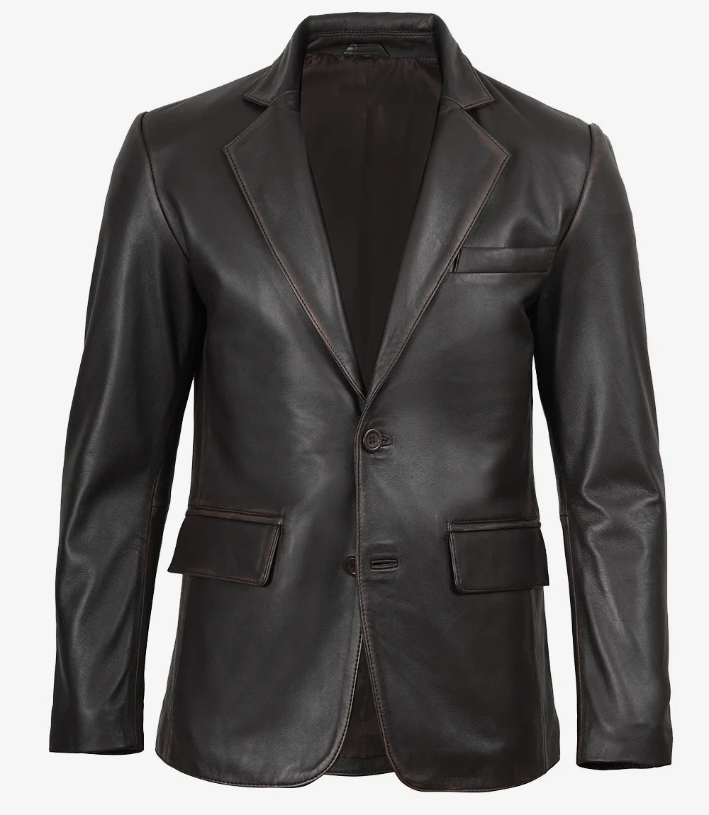 Mens Notch Lapel Distressed Brown Leather Blazer - Two Button