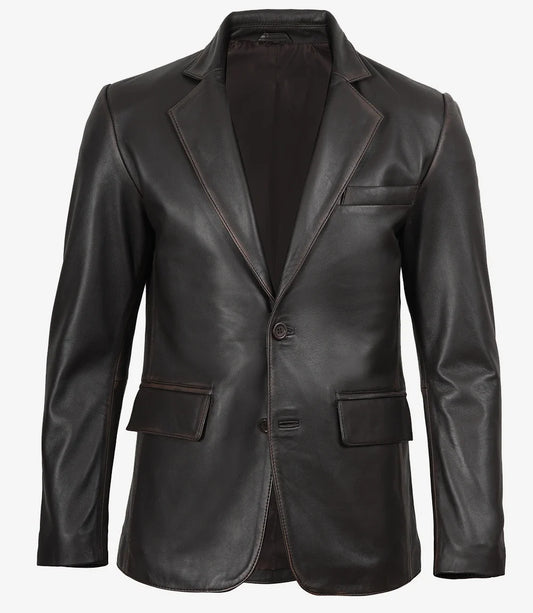 Mens Notch Lapel Distressed Brown Leather Blazer - Two Button