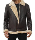 Men's Real Leather Dark Brown Bomber Fur Aviator Jacket