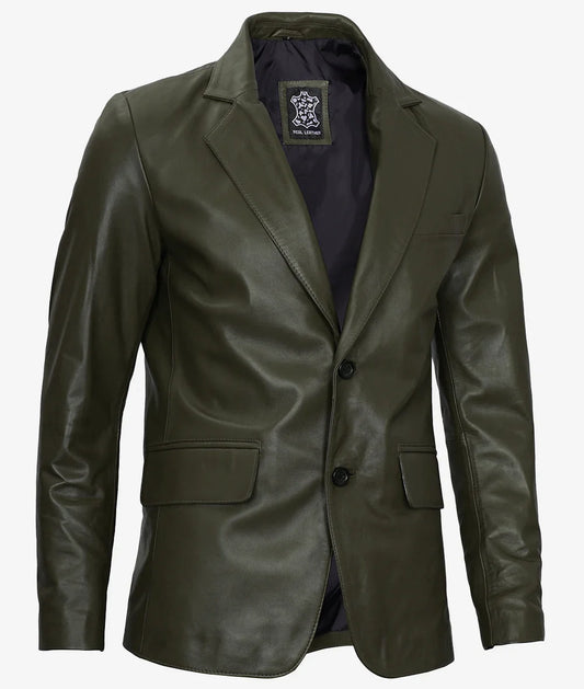 Mens Two Button Olive Green Leather Blazer