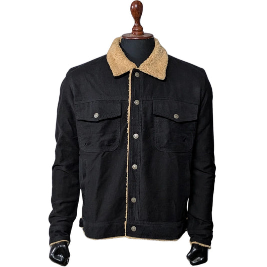 Mens Black Denim Sherpa Jacket Winter Fleece Lined Jean Trucker Warm Fur Coat