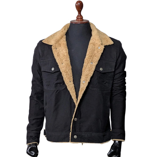 Mens Black Denim Sherpa Jacket Winter Fleece Lined Jean Trucker Warm Fur Coat