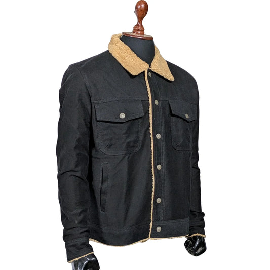 Mens Black Denim Sherpa Jacket Winter Fleece Lined Jean Trucker Warm Fur Coat
