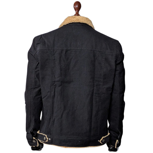 Mens Black Denim Sherpa Jacket Winter Fleece Lined Jean Trucker Warm Fur Coat