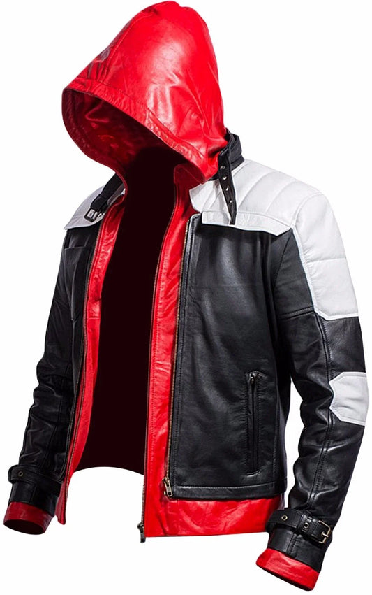 Men's Black Red Hooded Faux Leather Style Jacket