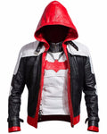 Men's Black Red Hooded Faux Leather Style Jacket