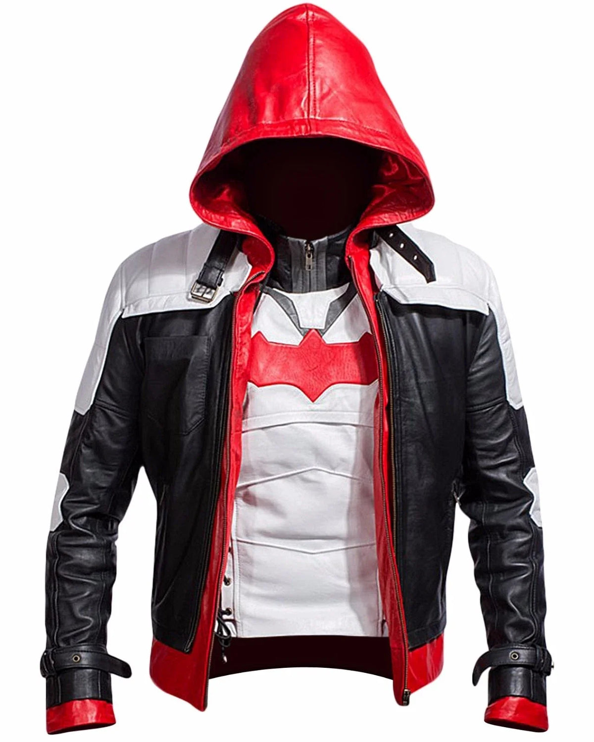 Men's Black Red Hooded Faux Leather Style Jacket
