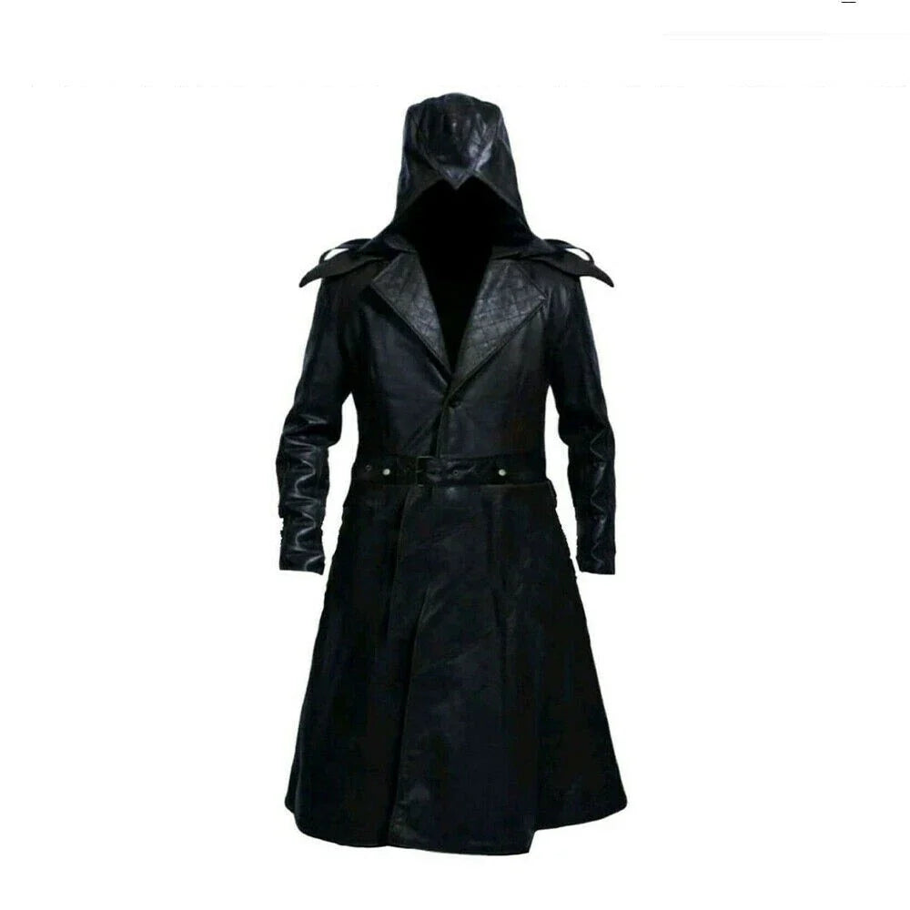Men's Black Hooded Long Faux Leather Trench Coat – Gothic Style Belted Winter Coat