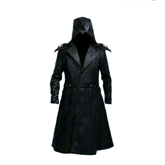 Men's Black Hooded Long Faux Leather Trench Coat – Gothic Style Belted Winter Coat