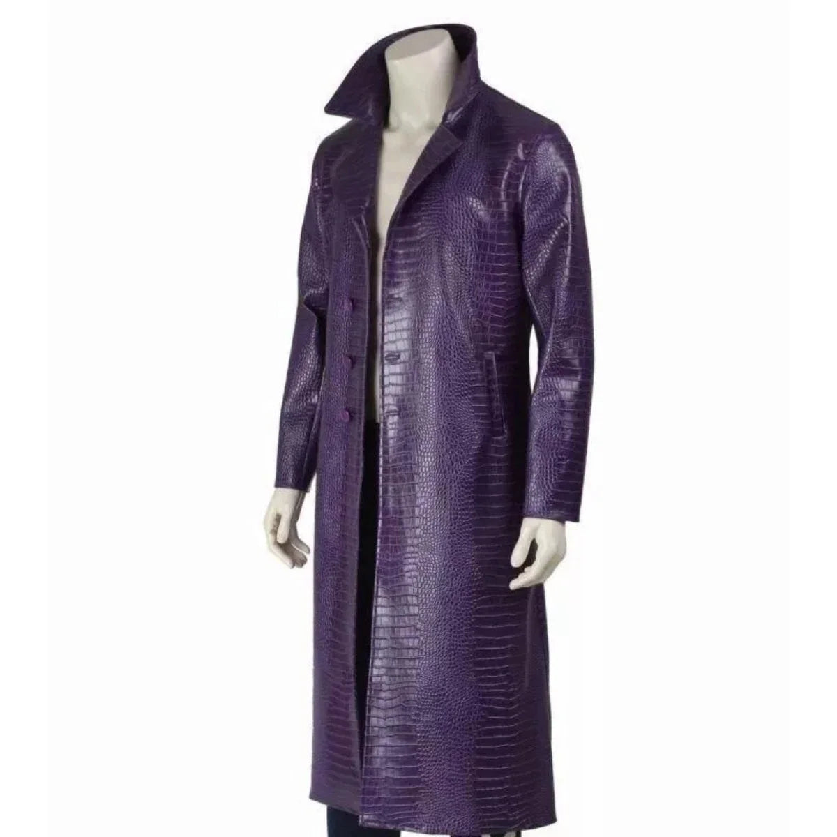Men's Purple Crocodile Texture Long Leather Trench Coat – Gothic Fashion Overcoat