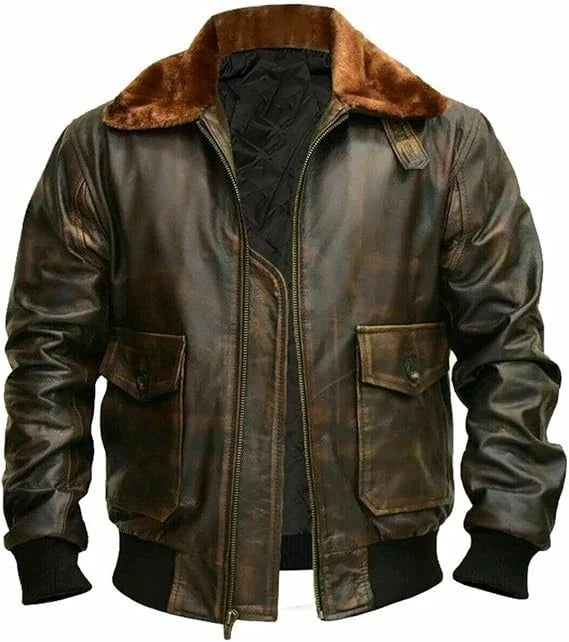 Mens G-1 Fur Collar Distressed Brown Leather Jacket