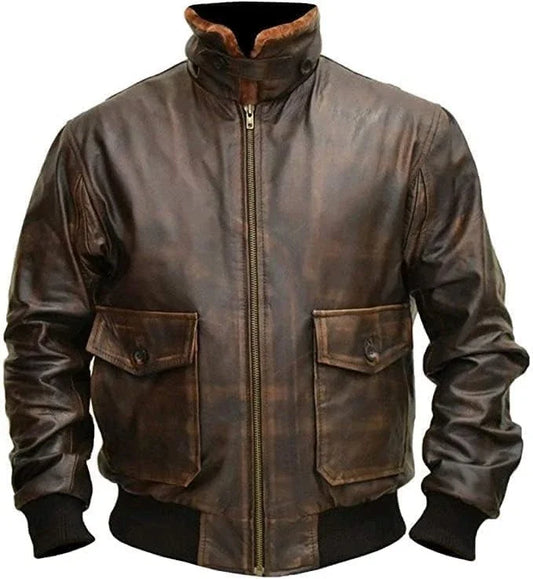 Mens G-1 Fur Collar Distressed Brown Leather Jacket