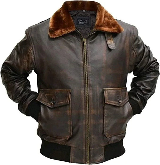 Mens G-1 Fur Collar Distressed Brown Leather Jacket