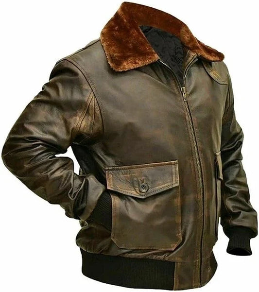 Mens G-1 Fur Collar Distressed Brown Leather Jacket