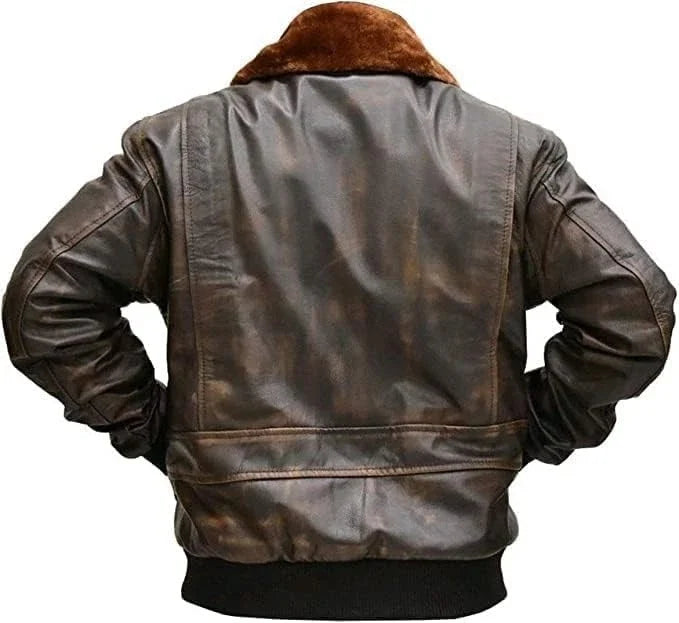 Mens G-1 Fur Collar Distressed Brown Leather Jacket