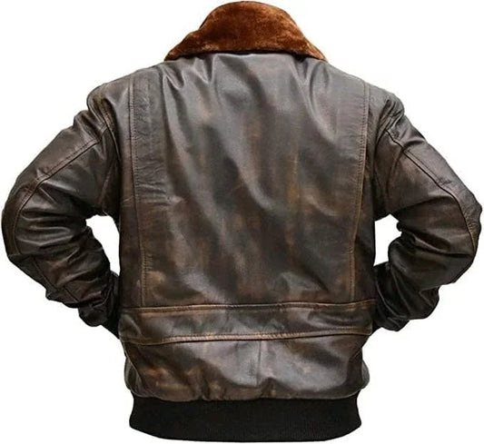 Mens G-1 Fur Collar Distressed Brown Leather Jacket