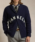 Men's Navy Button-Up Knit Shawl Collar Cardigan