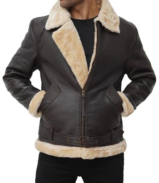 Men's Real Leather Dark Brown Bomber Fur Aviator Jacket
