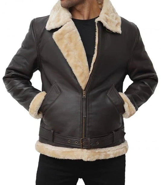 Men's Real Leather Dark Brown Bomber Fur Aviator Jacket