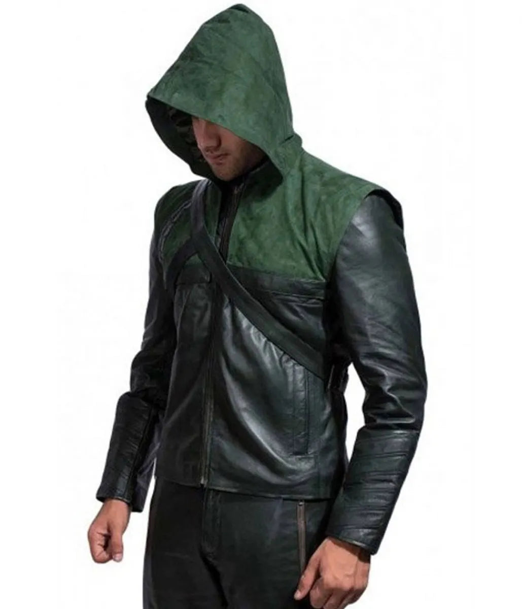 Men's Green Hooded Leather Superhero Cosplay Outfit for Halloween