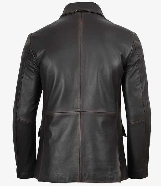 Mens Notch Lapel Distressed Brown Leather Blazer - Two Button