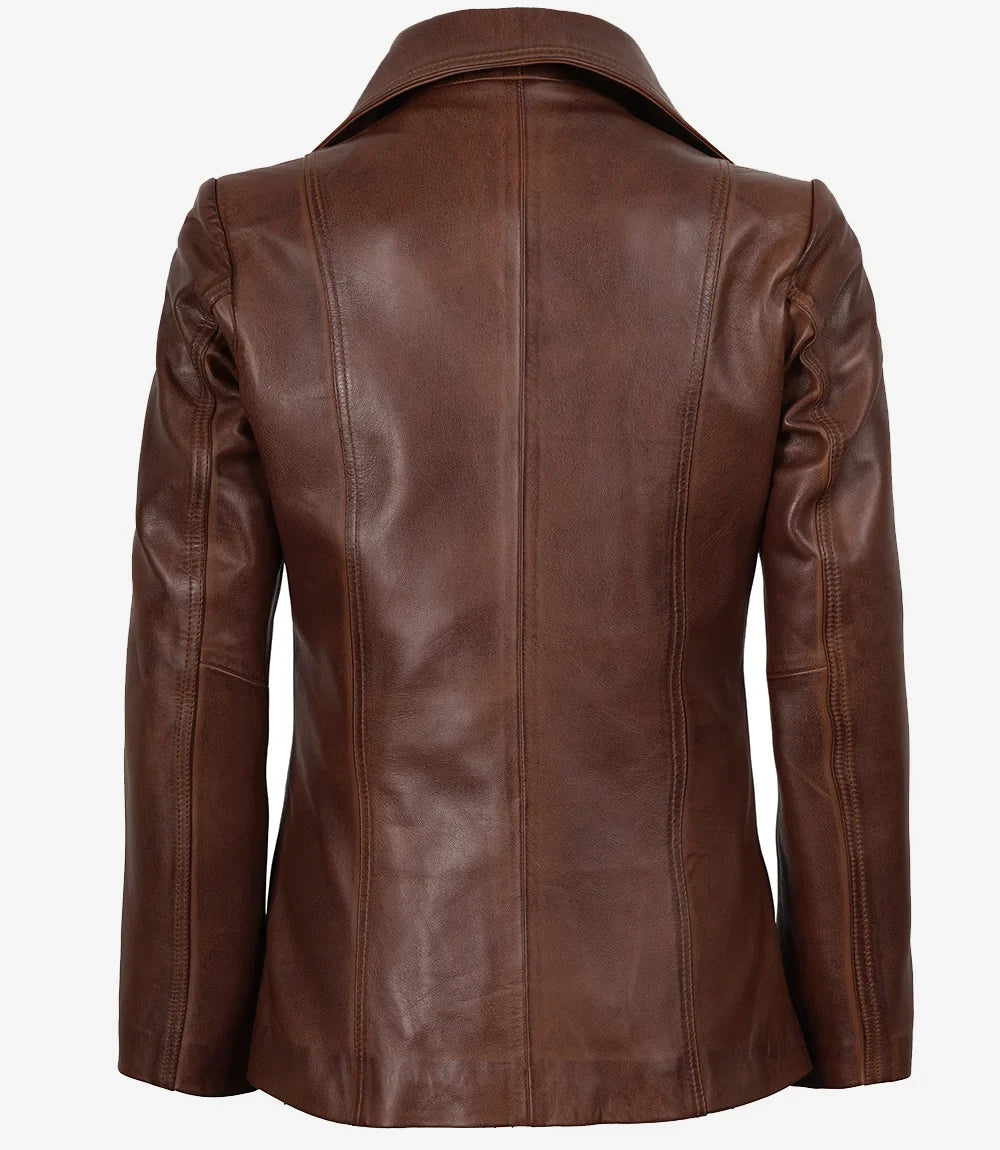 Women's Notch Lapel Two Button Cognac Leather Blazer