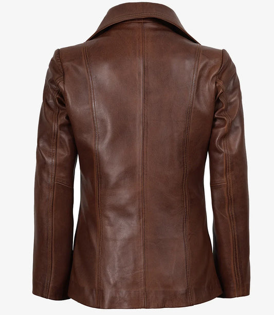 Women's Notch Lapel Two Button Cognac Leather Blazer