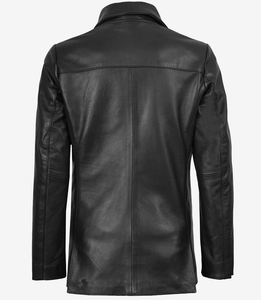 Womens Two Button Notch Lapel Black Leather Blazer Jacket
