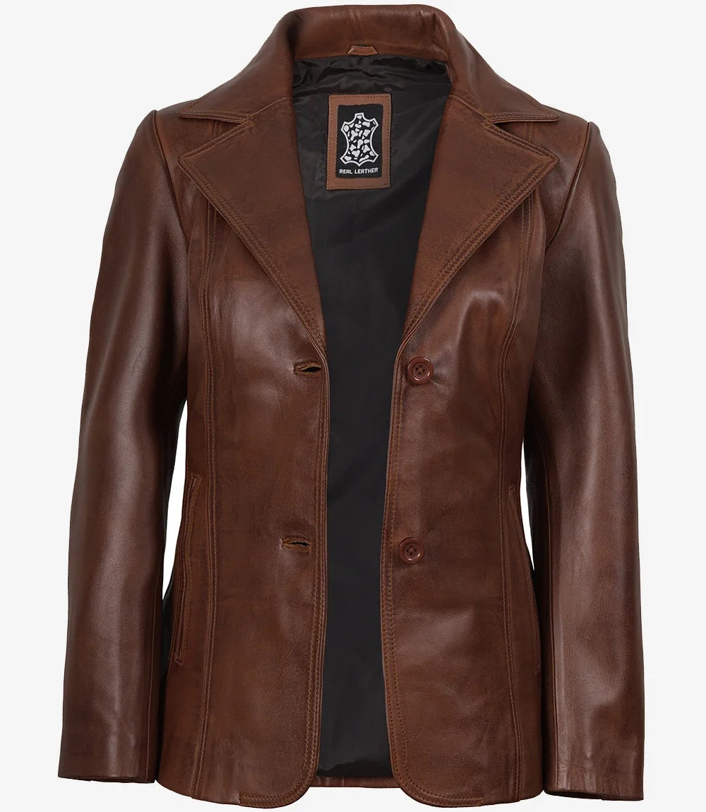 Women's Notch Lapel Two Button Cognac Leather Blazer