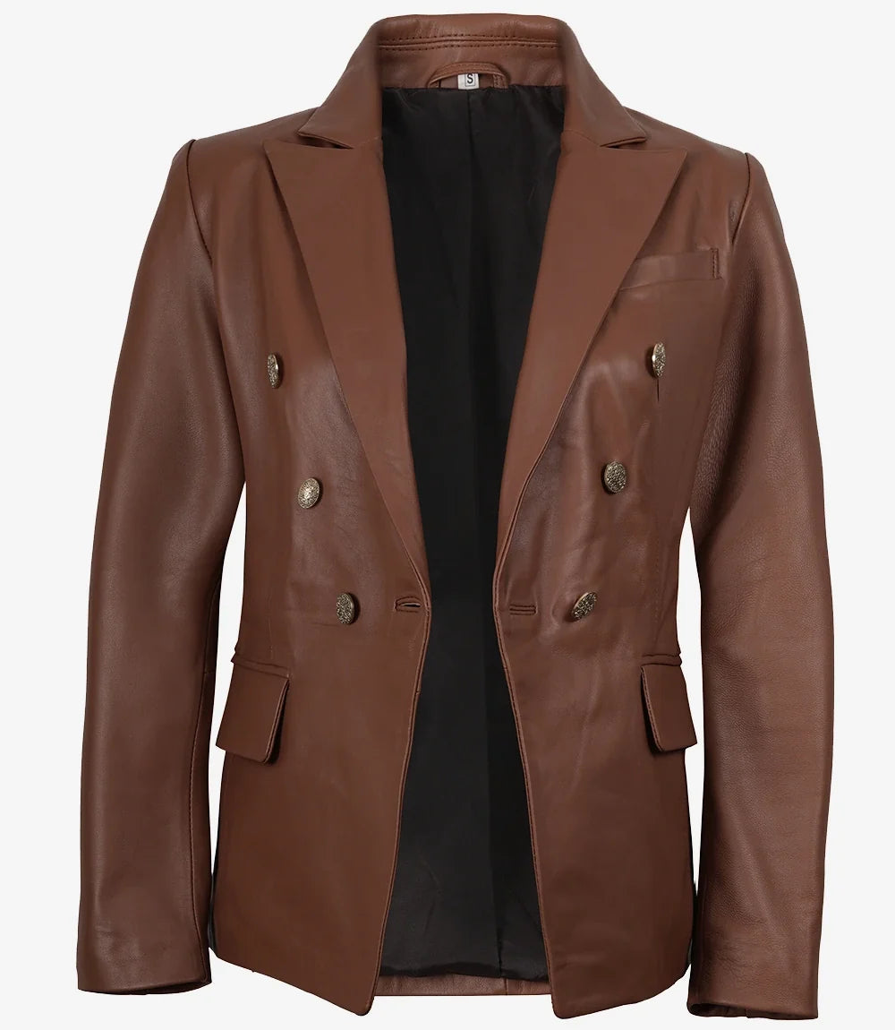 Womens Kim Double Breasted Cognac Leather Blazer