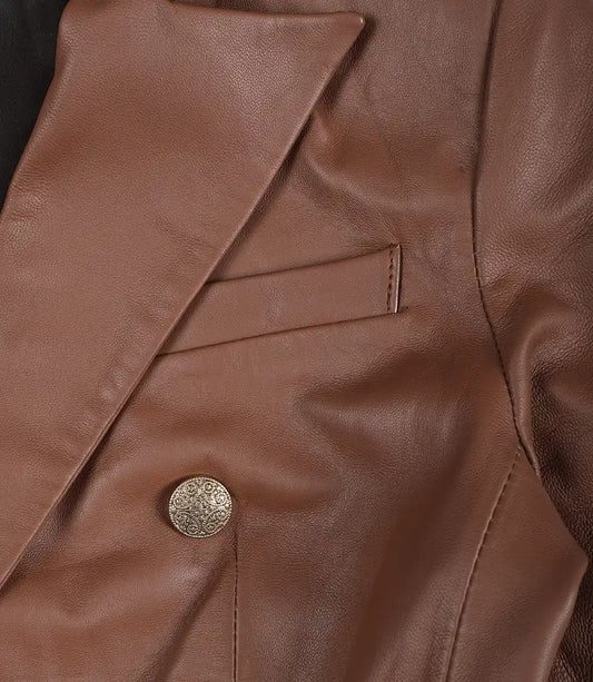Womens Kim Double Breasted Cognac Leather Blazer