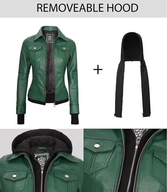 Tralee Women's Green Real Leather Jacket with Hood