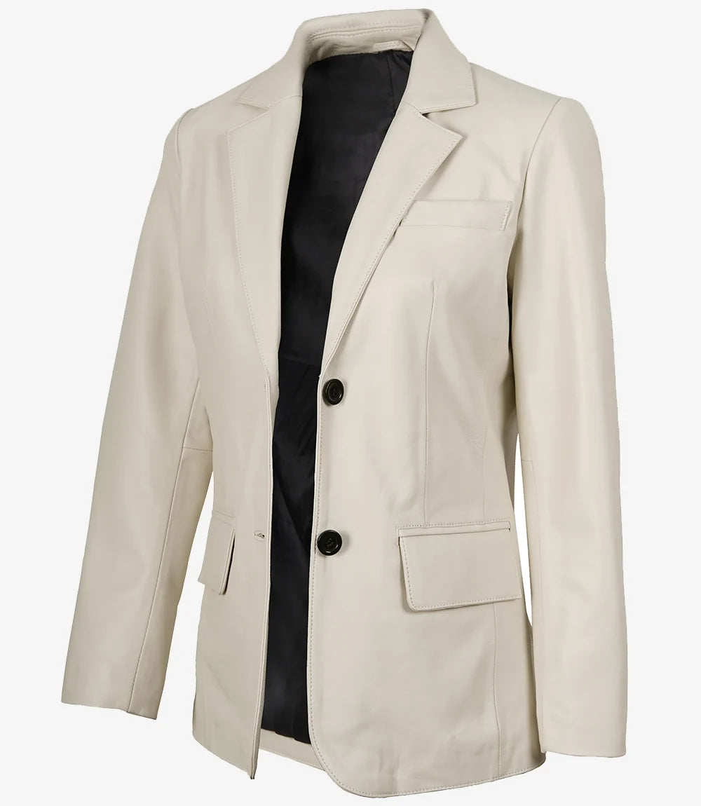 Womens Two Button Off White Leather Blazer