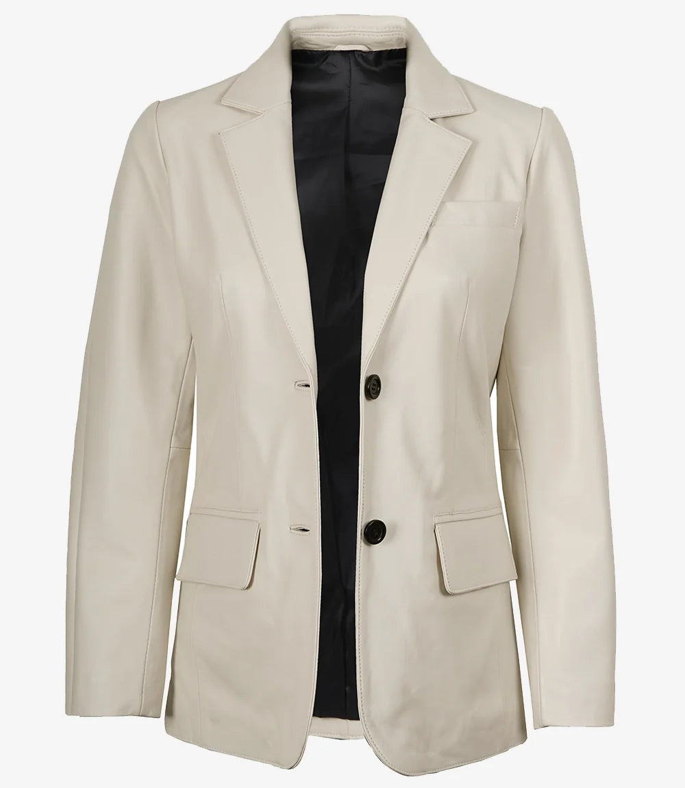 Womens Two Button Off White Leather Blazer
