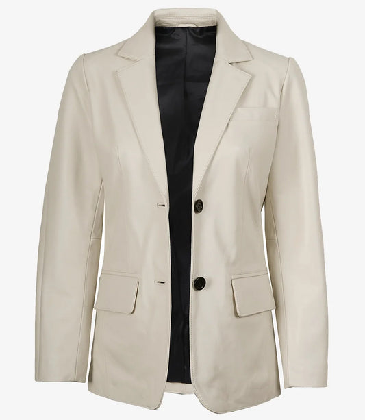 Womens Two Button Off White Leather Blazer
