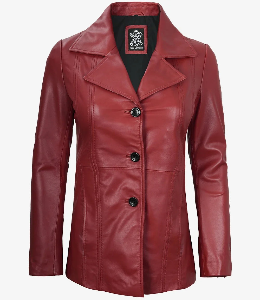 Womens Three Button Red Leather Blazer