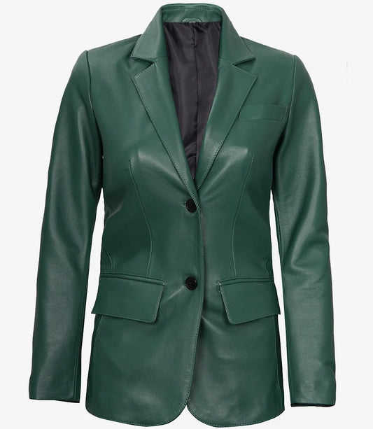 Womens Two Button Green Leather Blazer