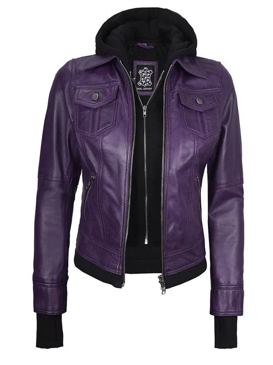 Women's Purple Leather Jacket with Removable Hood
